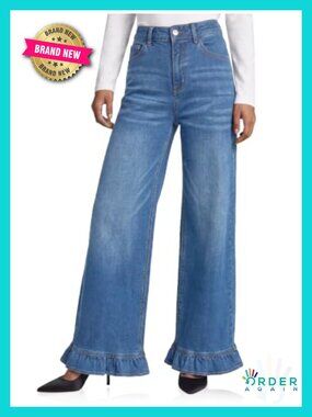 Womens High Waist Ruffle Hem Wide Leg Jeans Stretch Denim Baggy Pants